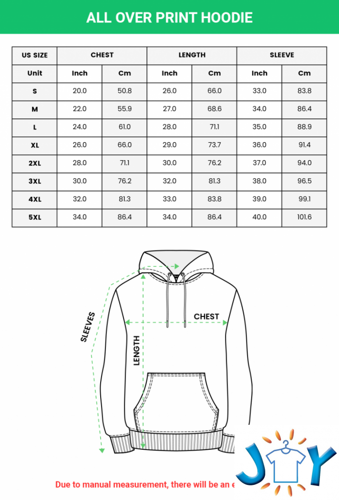 3D Hoodie size chart