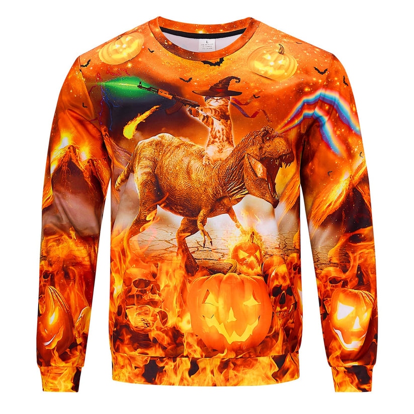 Funny Cat Riding Dinosaur Halloween Sweatshirt