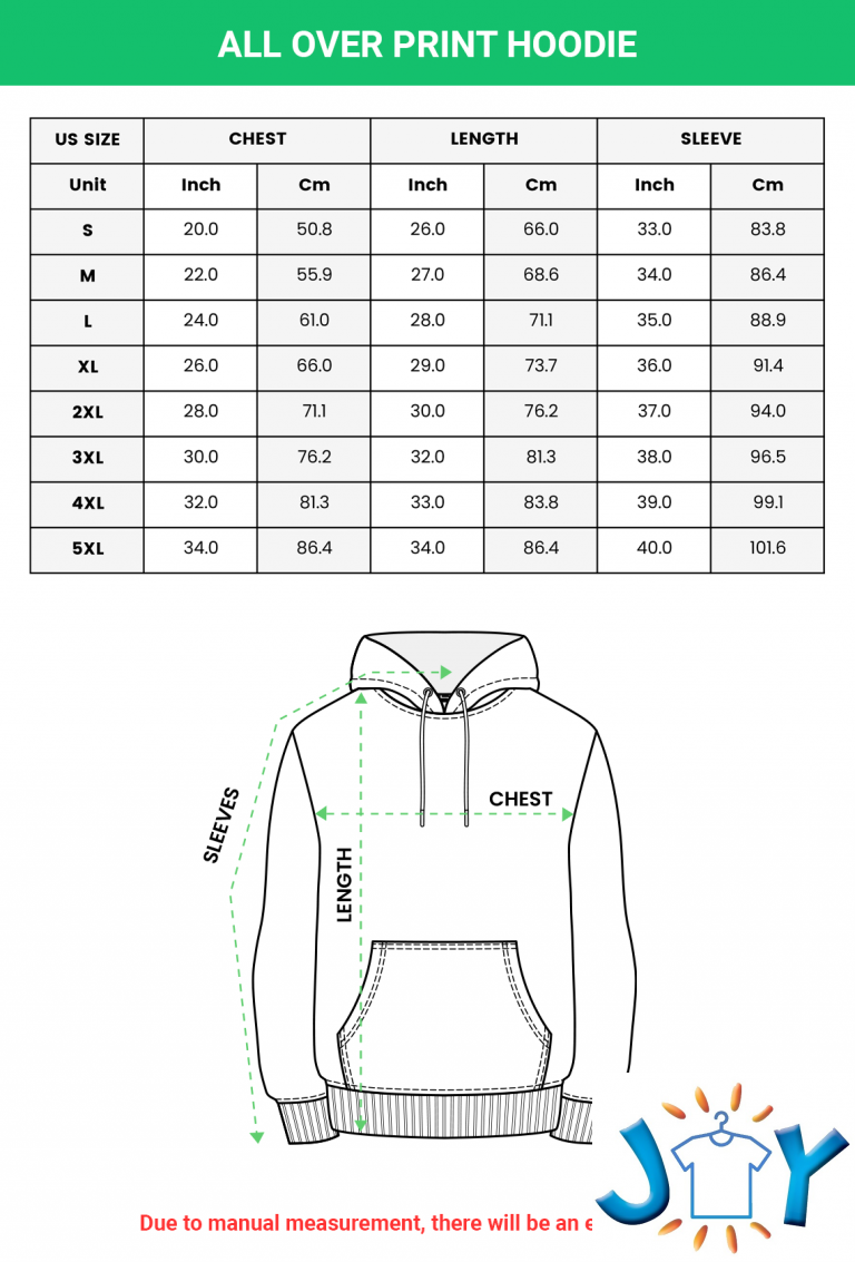 3d hoodie size chart