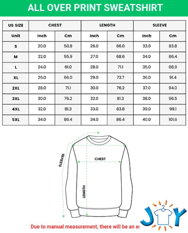 3D Sweatshirt size chart