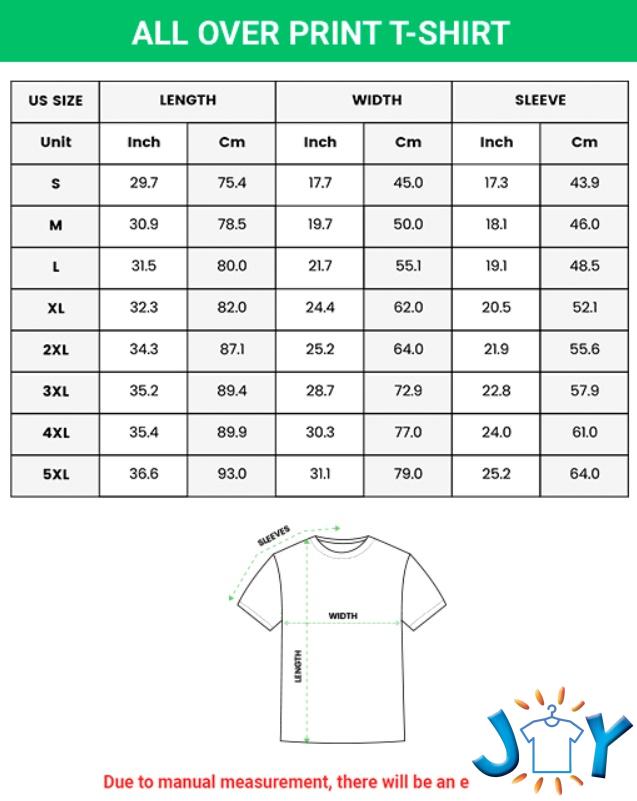 3D T-shirt size chart