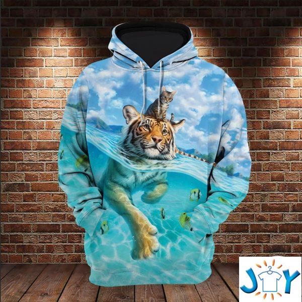 cat and bengal tiger swimming d all over print hoodie