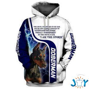 doberman the devil whispered in my ear youre not strong enough to withstand the storm d hoodie
