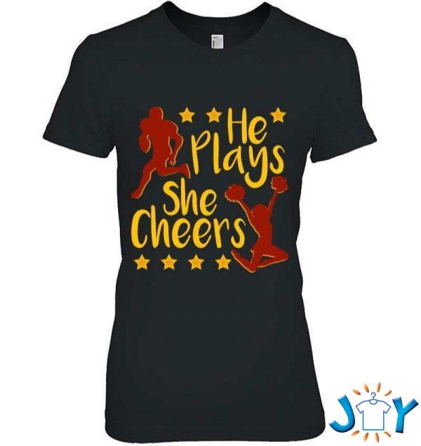 he plays she cheers football son cheerleader daughter gift t shirt M