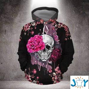 skull with pink rose d hoodie